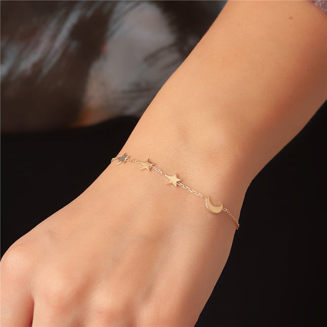 Crescent Moon Star Solid Gold Bracelet