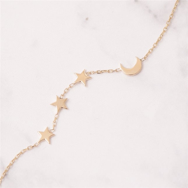Crescent Moon Star Solid Gold Bracelet