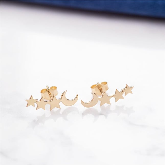 Crescent Moon Star Solid Gold Earring