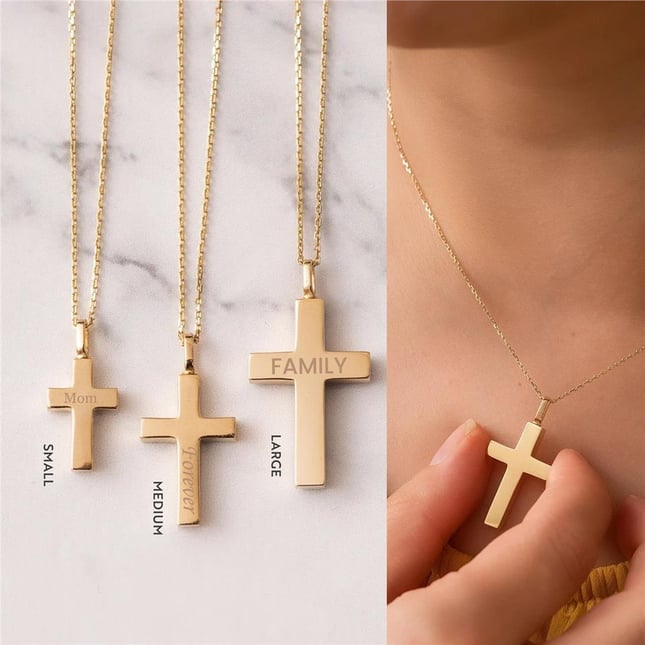 Cremation Cross Engraved Solid Gold Necklace
