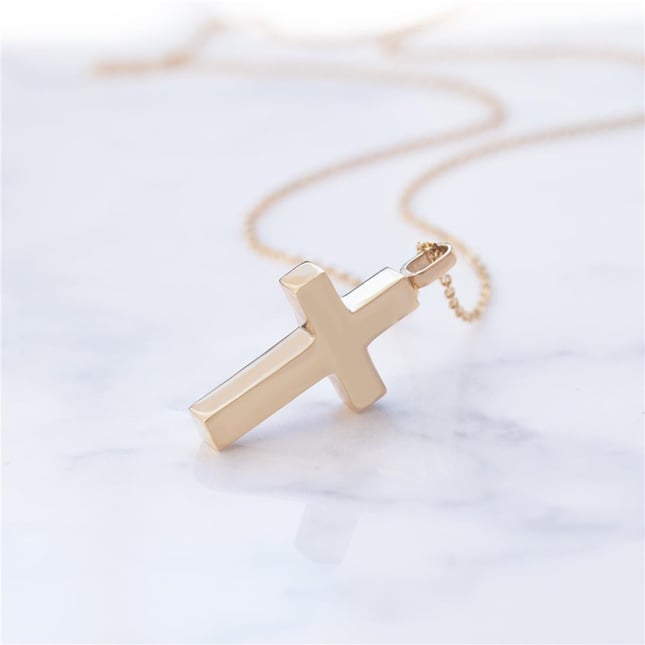 Cremation Cross Engraved Solid Gold Necklace