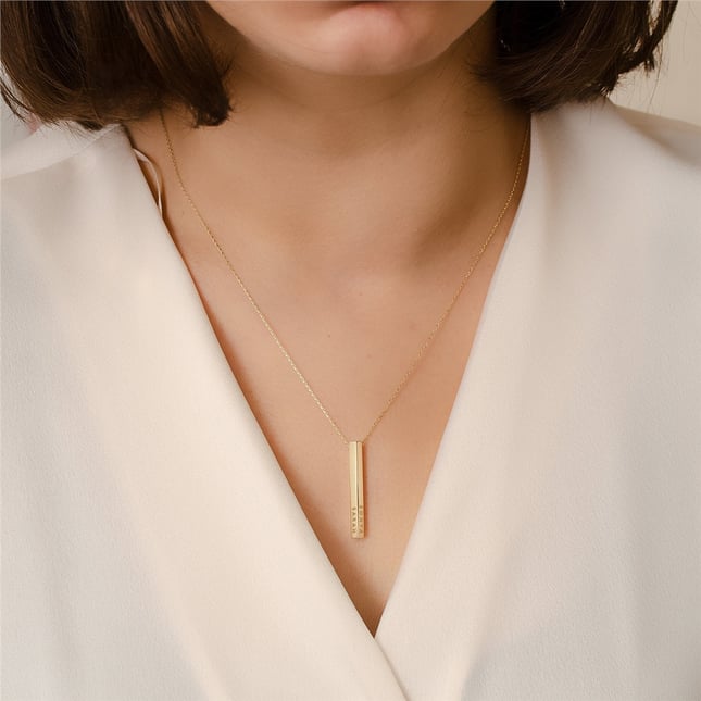 Engraved Personalized 3D Bar Solid Gold Necklace