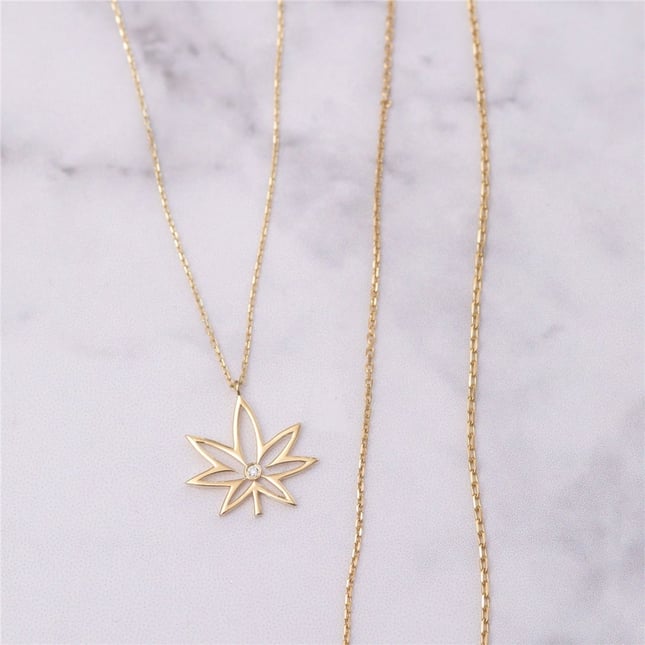 0.01 Ct Diamond Cannabis Leaf Solid Gold Necklace