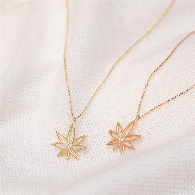 0.01 Ct Diamond Cannabis Leaf Solid Gold Necklace