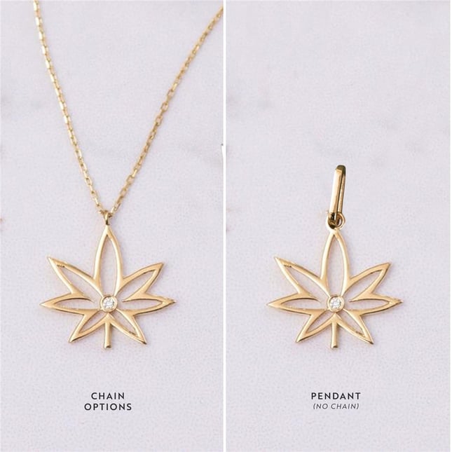 0.01 Ct Diamond Cannabis Leaf Solid Gold Necklace