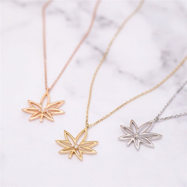 0.01 Ct Diamond Cannabis Leaf Solid Gold Necklace