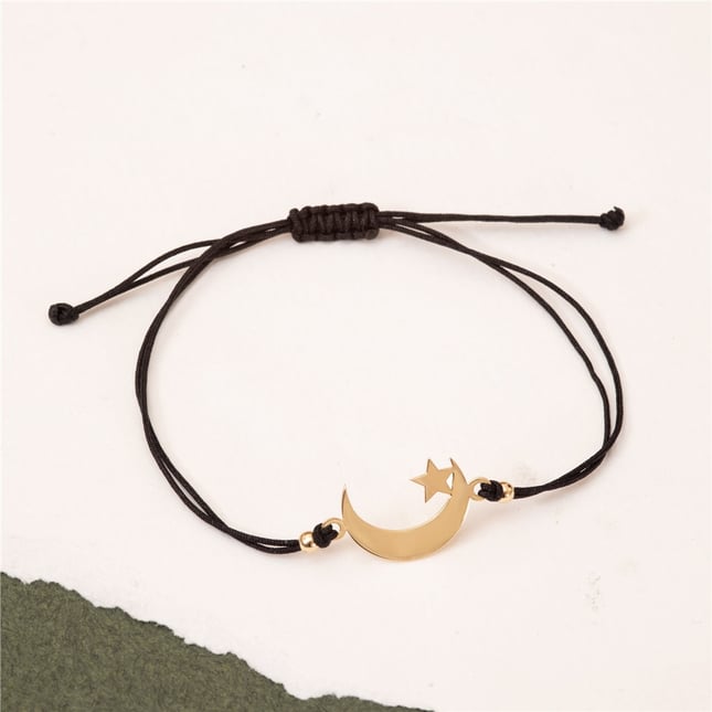 Crescent Moon and Star Circle Cross Engraved Solid Gold Bracelet