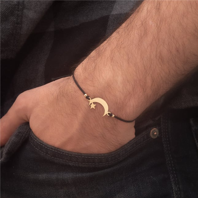 Crescent Moon and Star Circle Cross Engraved Solid Gold Bracelet