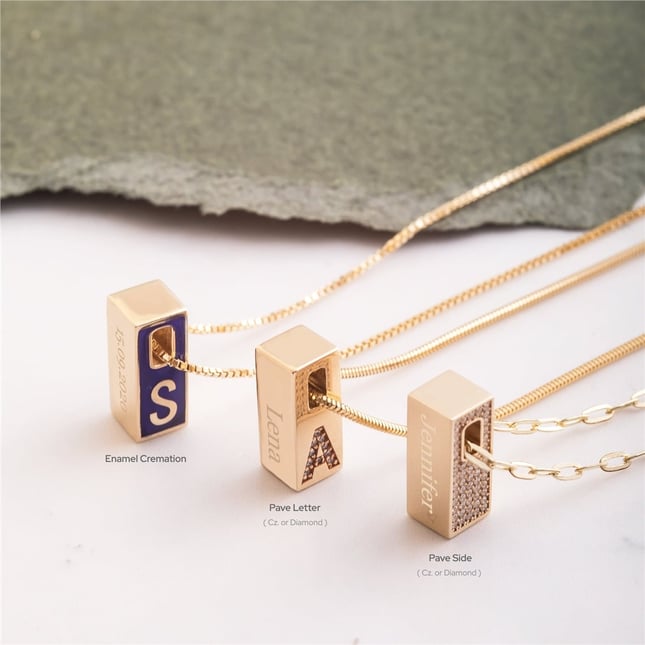 CZ Cremation Initial Personalized 3D Vertical Bar Solid Gold Necklace