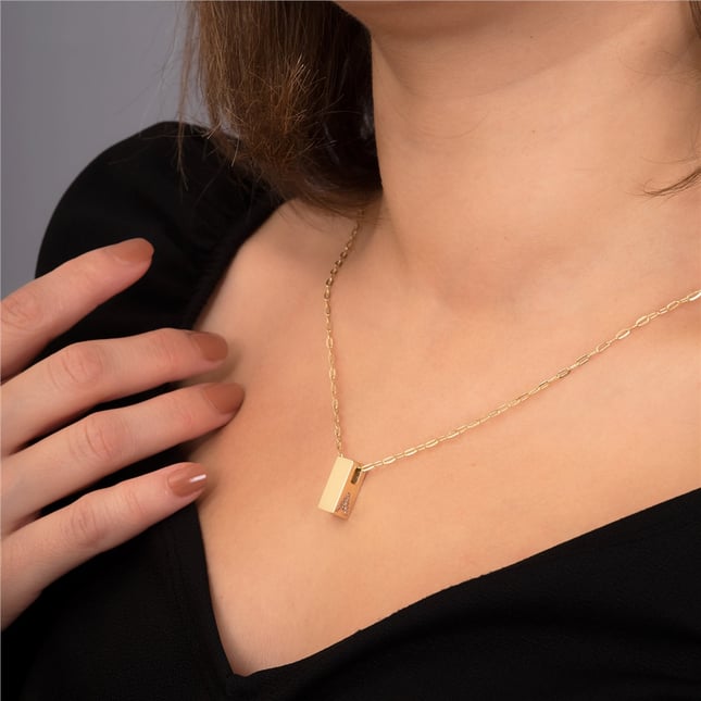 CZ Cremation Initial Paperclip Chain Personalized 3D Bar Solid Gold Necklace