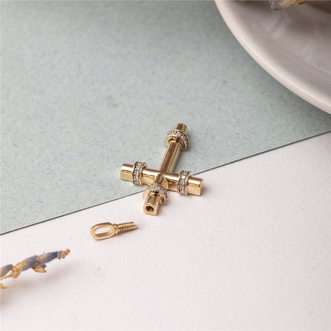 CZ Cremation Cross Engraved Solid Gold Necklace
