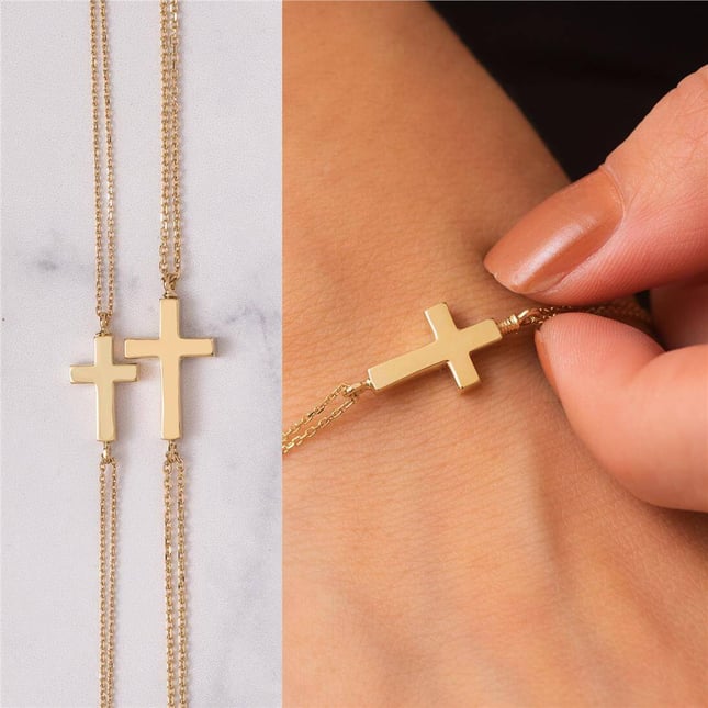 Cremation Cross Engraved Solid Gold Bracelet