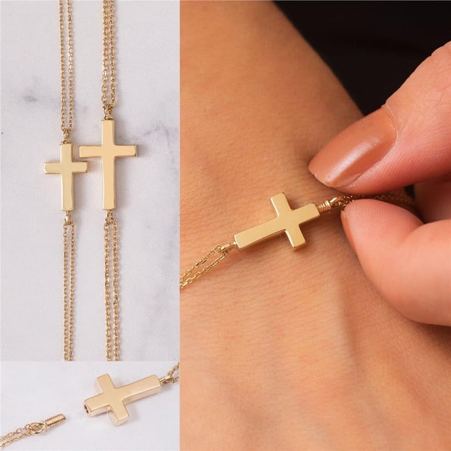 Cremation Cross Engraved Solid Gold Bracelet