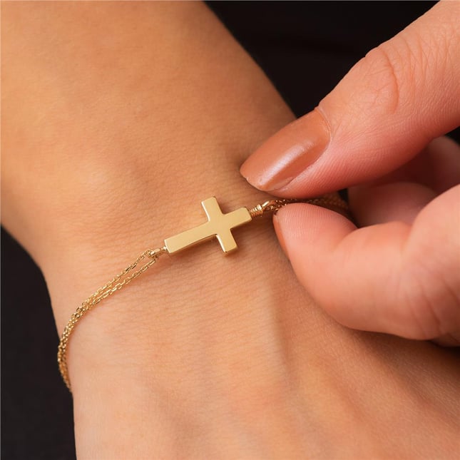 Cremation Cross Engraved Solid Gold Bracelet
