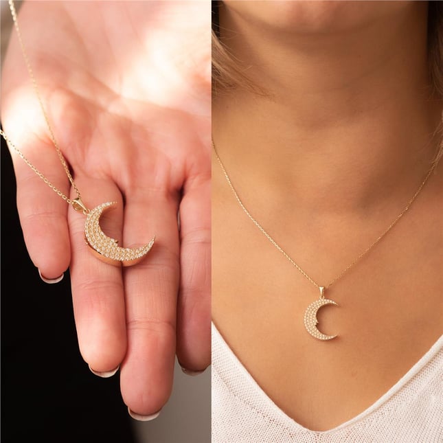 CZ Cremation Crescent Moon Engraved Solid Gold Necklace