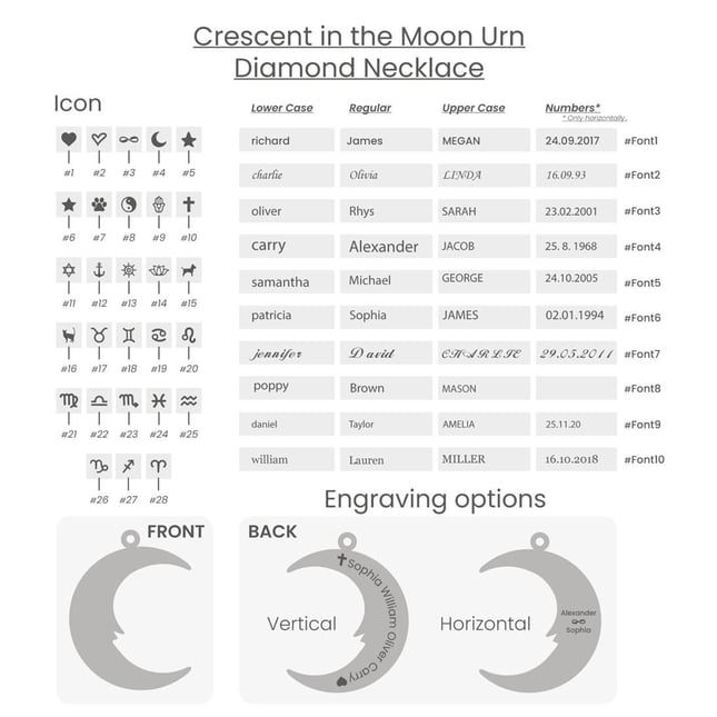 CZ Cremation Crescent Moon Engraved Solid Gold Necklace