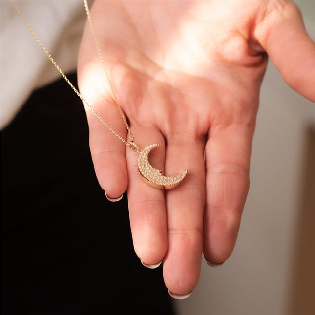 CZ Cremation Crescent Moon Engraved Solid Gold Necklace