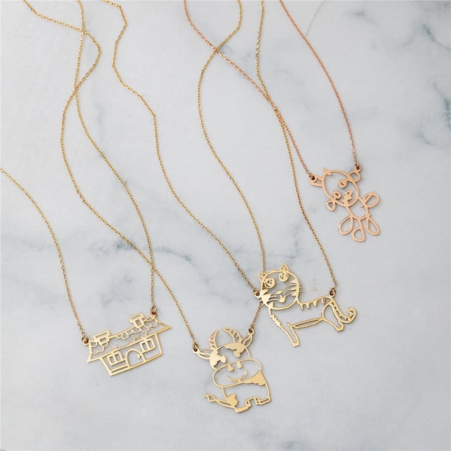 Cat Fish Bear Solid Gold Necklace