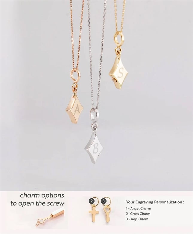 Cremation Key Cross Rhombus Initial Letter Solid Gold Necklace