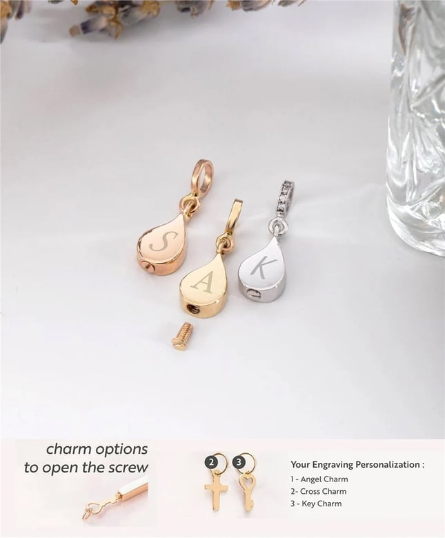 Cremation Teardrop Urn Engraved Letter Solid Gold Necklace