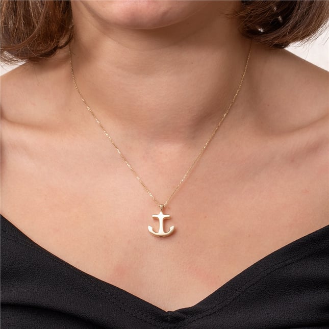 Cremation Anchor Key Cross Engraved Solid Gold Necklace
