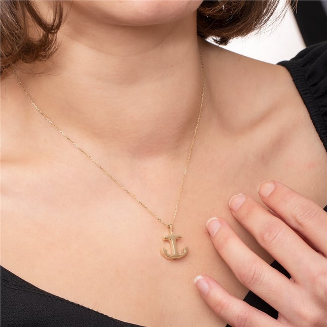 Cremation Anchor Key Cross Engraved Solid Gold Necklace