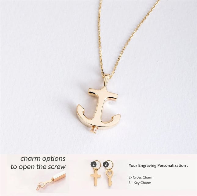 Cremation Anchor Key Cross Engraved Solid Gold Necklace