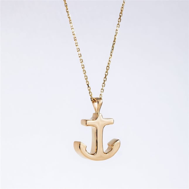 Cremation Anchor Key Cross Engraved Solid Gold Necklace