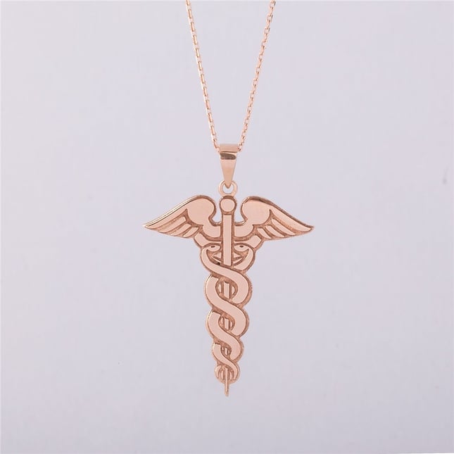 Caduceus Medical Symbol Pendant Solid Gold Necklace