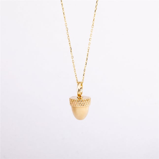 Cremation Acorn Engraved Solid Gold Necklace