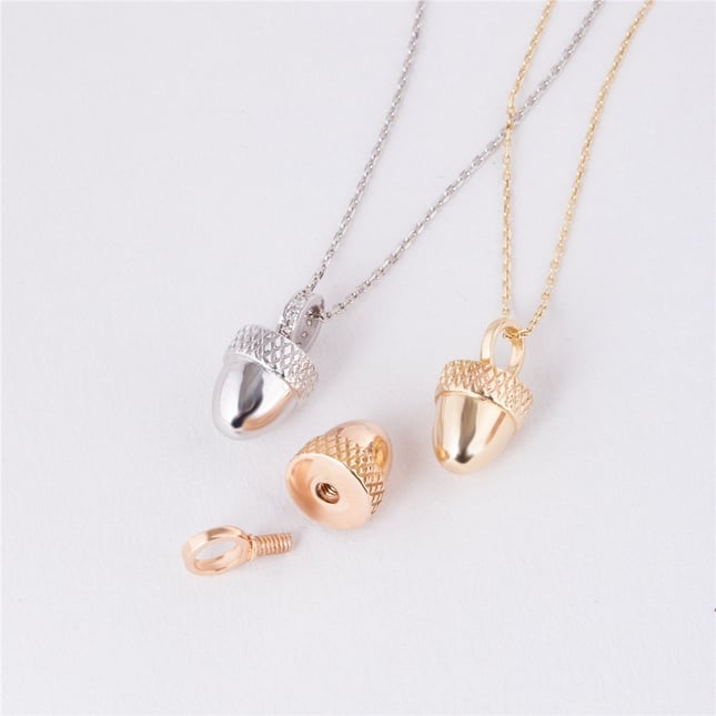 Cremation Acorn Engraved Solid Gold Necklace