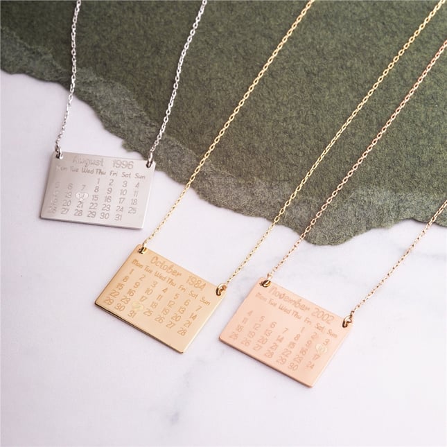 Calender Engraved Personalized Solid Gold Necklace
