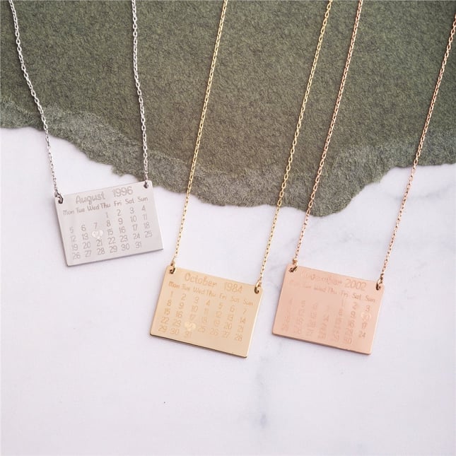 Calender Engraved Personalized Solid Gold Necklace