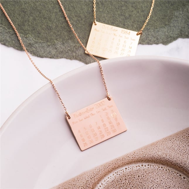 Calender Engraved Personalized Solid Gold Necklace