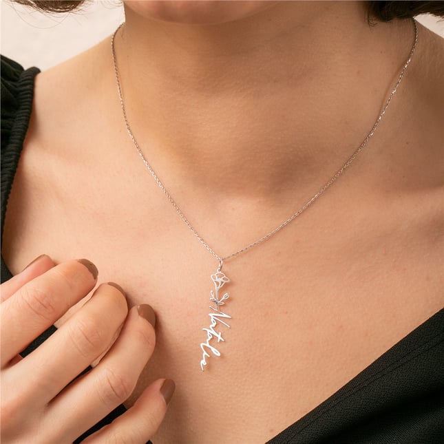 Birth Flower Name Initial Custom Solid Gold Necklace