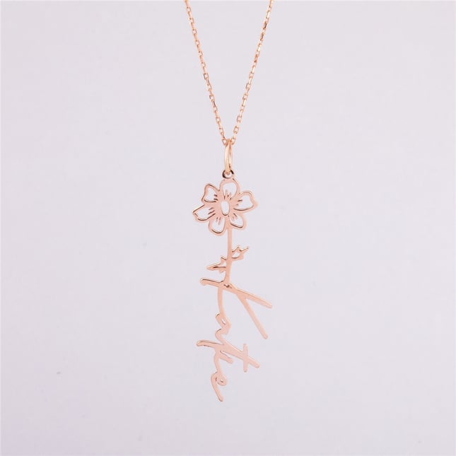 Birth Flower Name Initial Custom Solid Gold Necklace