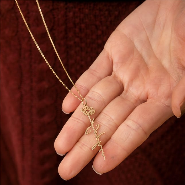 Birth Flower Name Initial Custom Solid Gold Necklace