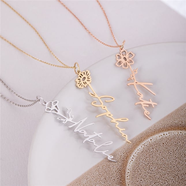 Birth Flower Name Initial Custom Solid Gold Necklace