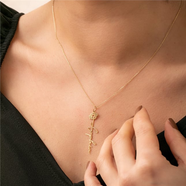Birth Flower Name Initial Custom Solid Gold Necklace