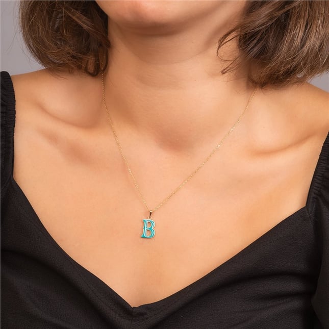 Turquoise Initial Letter Solid Gold Necklace