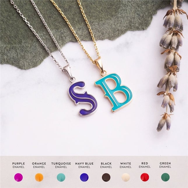Turquoise Initial Letter Solid Gold Necklace