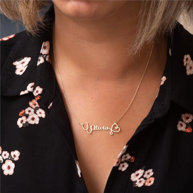 Heart Stethoscope Personalized Name Solid Gold Necklace