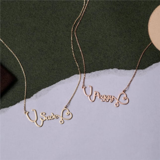 Heart Stethoscope Personalized Name Solid Gold Necklace