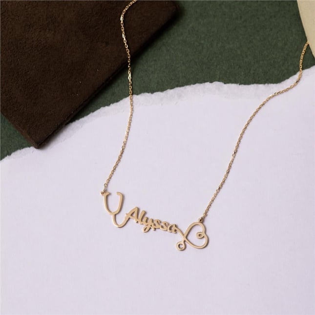 Heart Stethoscope Personalized Name Solid Gold Necklace