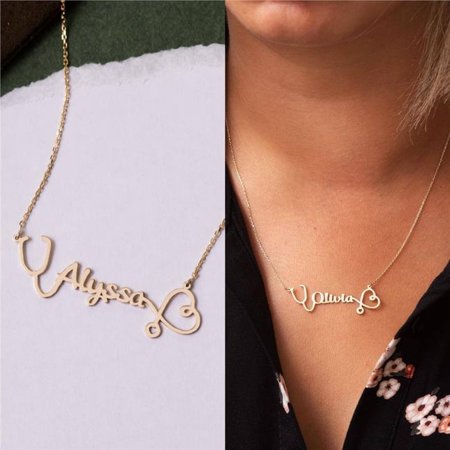 Heart Stethoscope Personalized Name Solid Gold Necklace