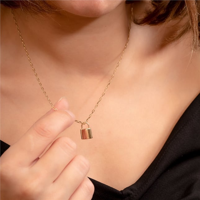 Cremation Padlock Paperclip Chain Solid Gold Necklace