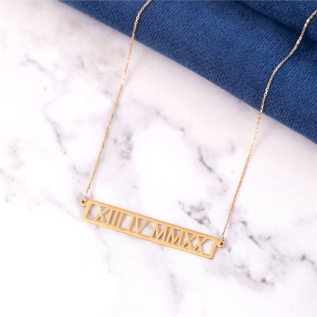 Personalized Roman Numeral Date Solid Gold Necklace