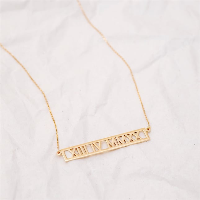 Personalized Roman Numeral Date Solid Gold Necklace