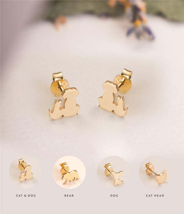 Cat Dog Bear Stud Solid Gold Earring