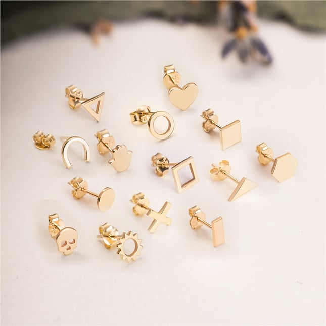 Sun Hexagon Circle Triangle Square Cross Stud Solid Gold Earring